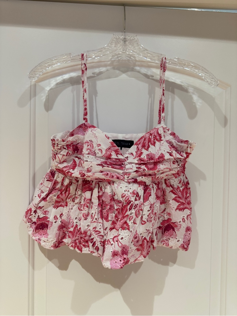Zara White and Pink Floral Eyelet Ruffle Camisole